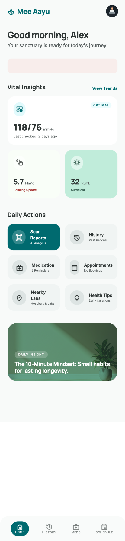 MeeAayu App Home Dashboard